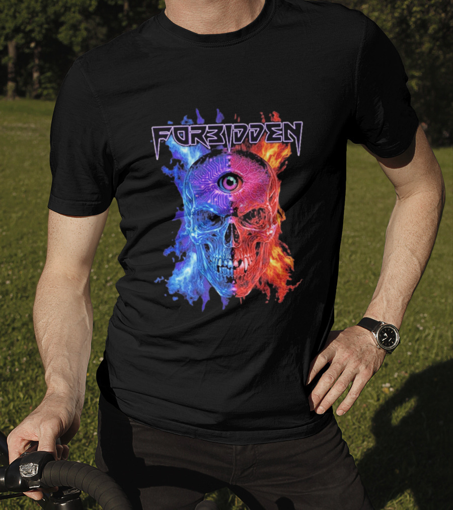 FORBIDDEN Skull Eye Flames Blue Red Fusion T-Shirt