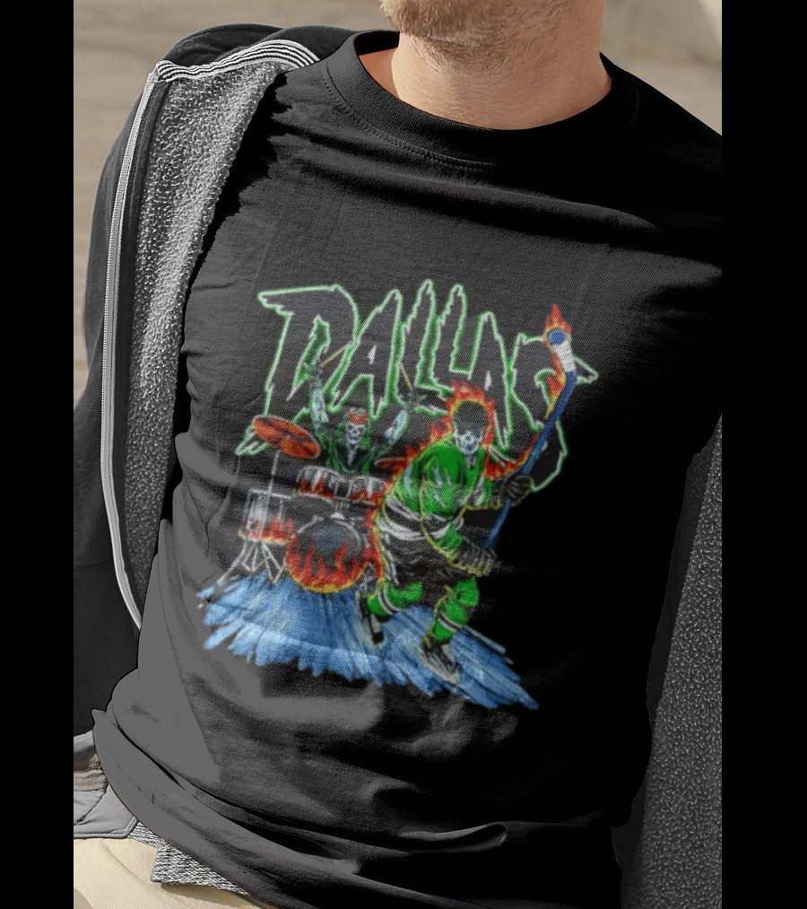 Dallas Stars Skeleton Hockey Fire With Drummer T-Shirt