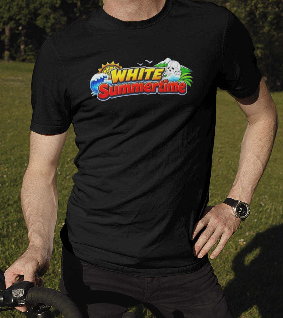 White Summertime Skull Ocean Beach Sun Palm Birds T-Shirt