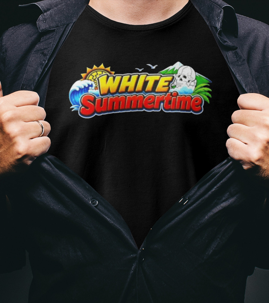 White Summertime Skull Ocean Beach Sun Palm Birds T-Shirt