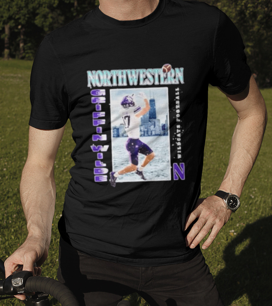Northwestern Wildcats Football Griffin Wilde No 17 Chicago Skyline T-Shirt