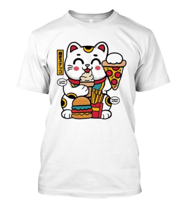 Lucky Bites Happy Vibes Maneki Neko Cat Ice Cream Pizza Burger Fries T-Shirt