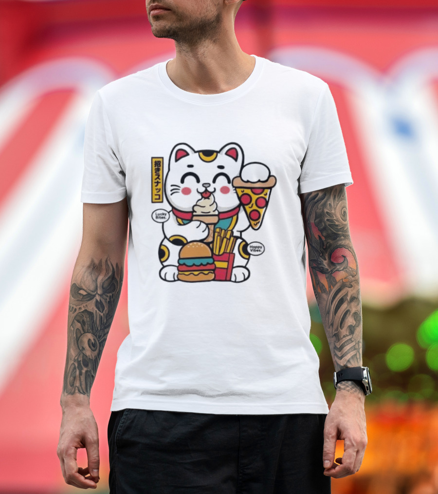 Lucky Bites Happy Vibes Maneki Neko Cat Ice Cream Pizza Burger Fries T-Shirt