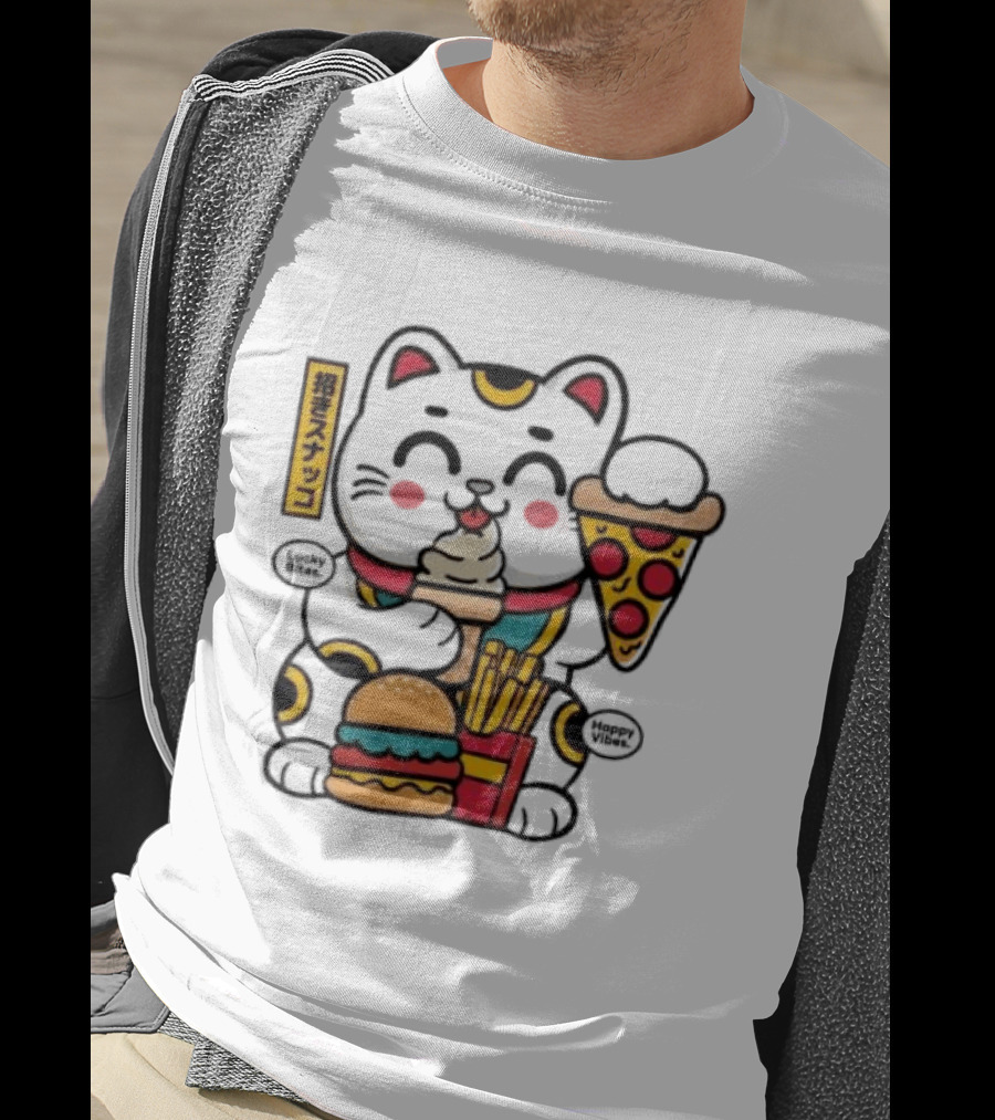 Lucky Bites Happy Vibes Maneki Neko Cat Ice Cream Pizza Burger Fries T-Shirt