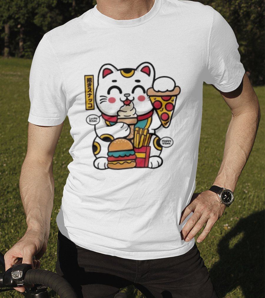Lucky Bites Happy Vibes Maneki Neko Cat Ice Cream Pizza Burger Fries T-Shirt