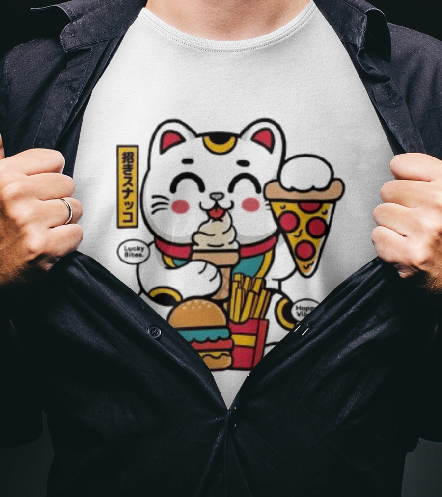 Lucky Bites Happy Vibes Maneki Neko Cat Ice Cream Pizza Burger Fries T-Shirt