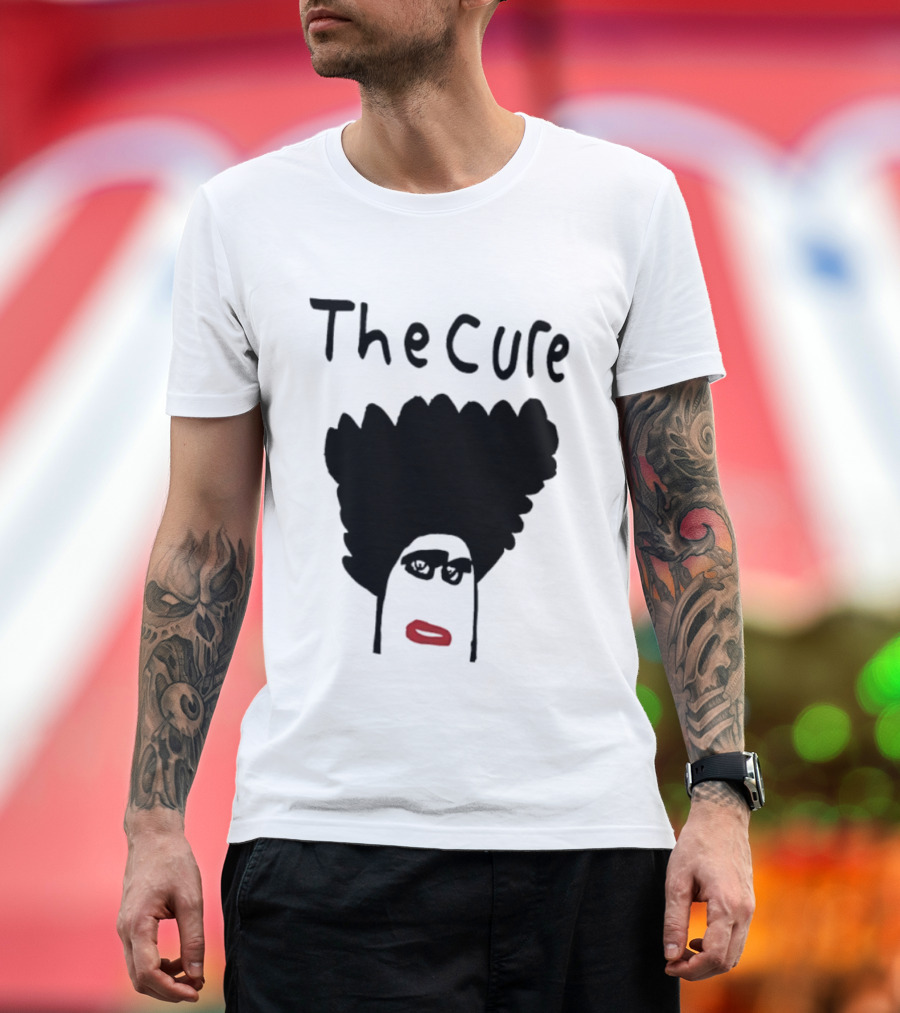 The Cure Hand Drawn Robert Smith Bold Hair Red Lips Black Glasses T-Shirt