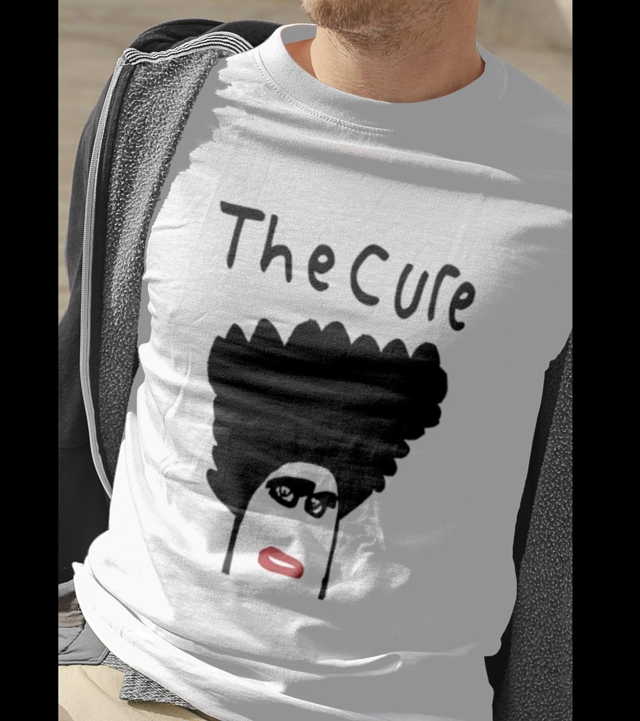 The Cure Hand Drawn Robert Smith Bold Hair Red Lips Black Glasses T-Shirt