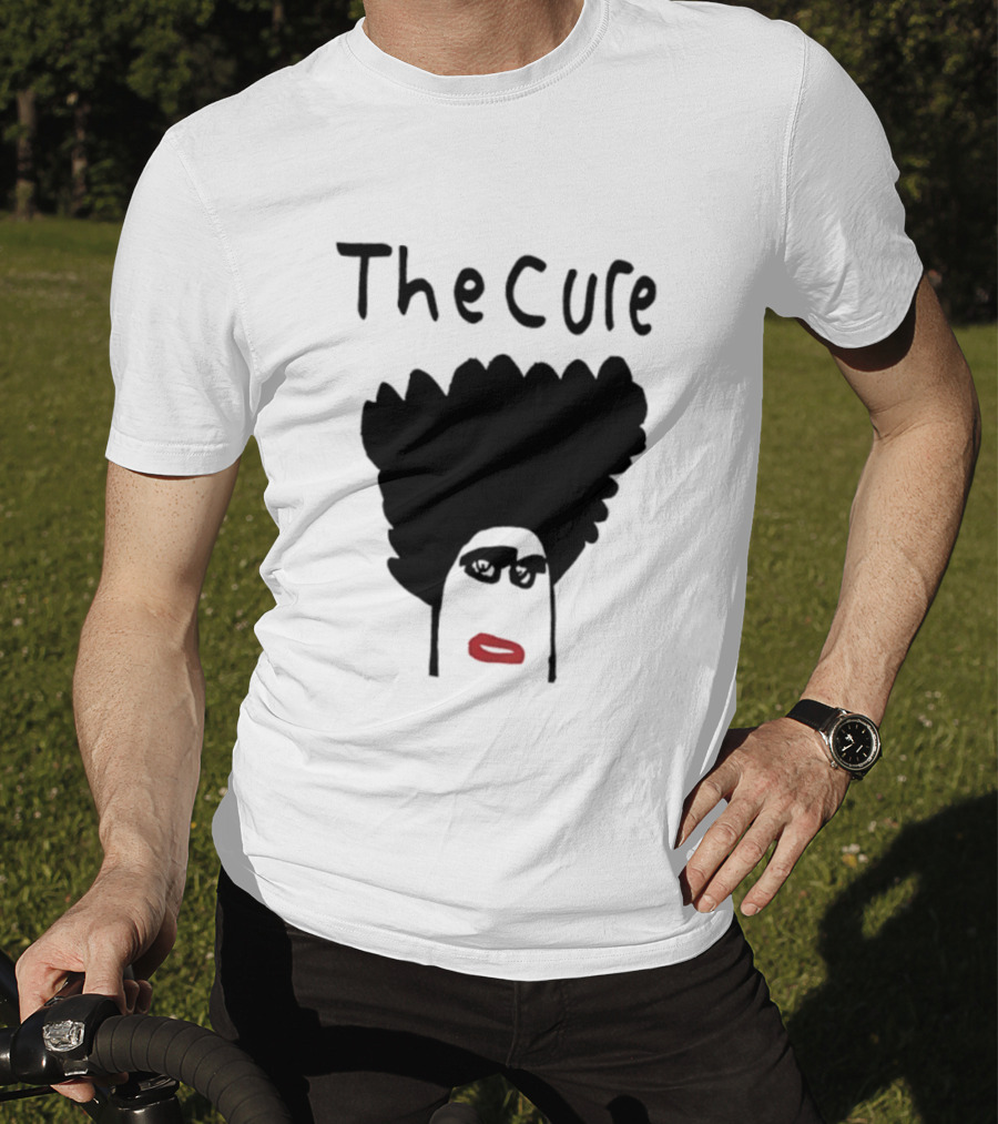 The Cure Hand Drawn Robert Smith Bold Hair Red Lips Black Glasses T-Shirt