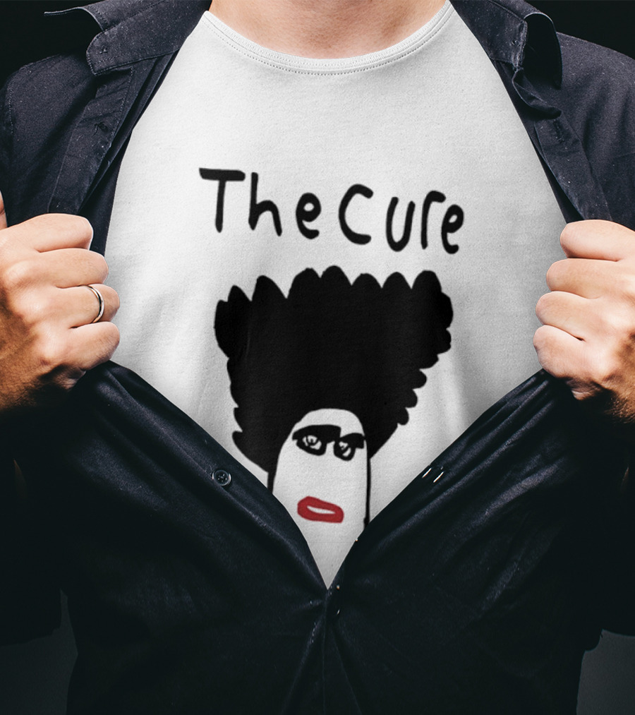 The Cure Hand Drawn Robert Smith Bold Hair Red Lips Black Glasses T-Shirt