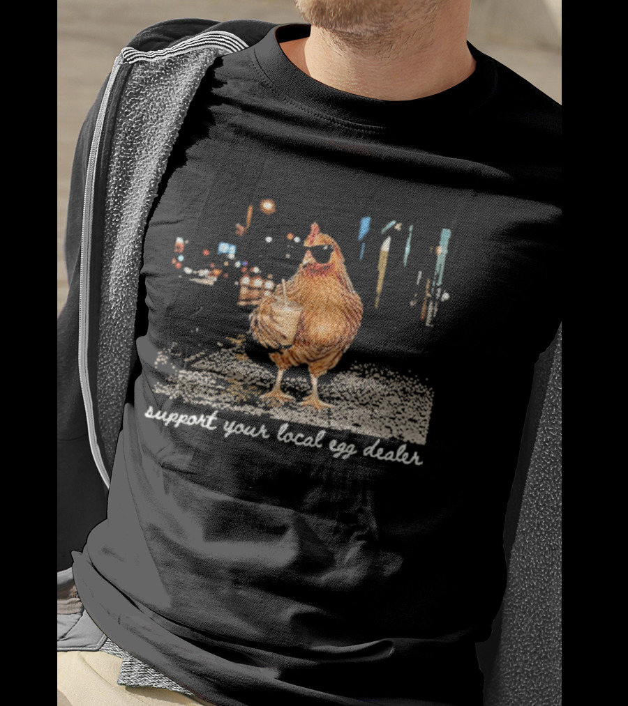 Chicken Drinking Iced Coffee Support Your Local Egg Dealer T-Shirt