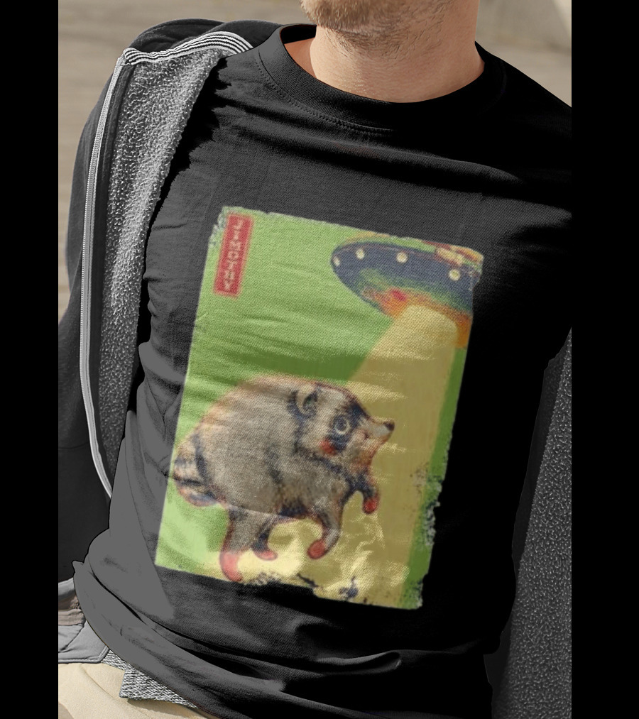 Jimothy Raccoon Abducted By UFO Alien Beam On Green T-Shirt