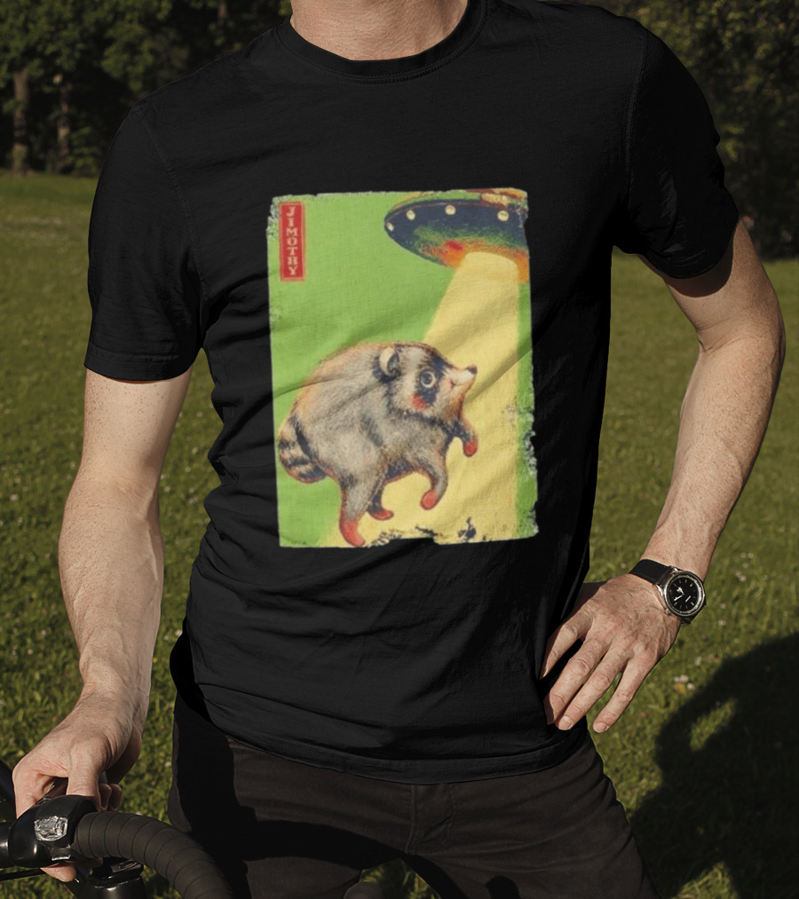 Jimothy Raccoon Abducted By UFO Alien Beam On Green T-Shirt
