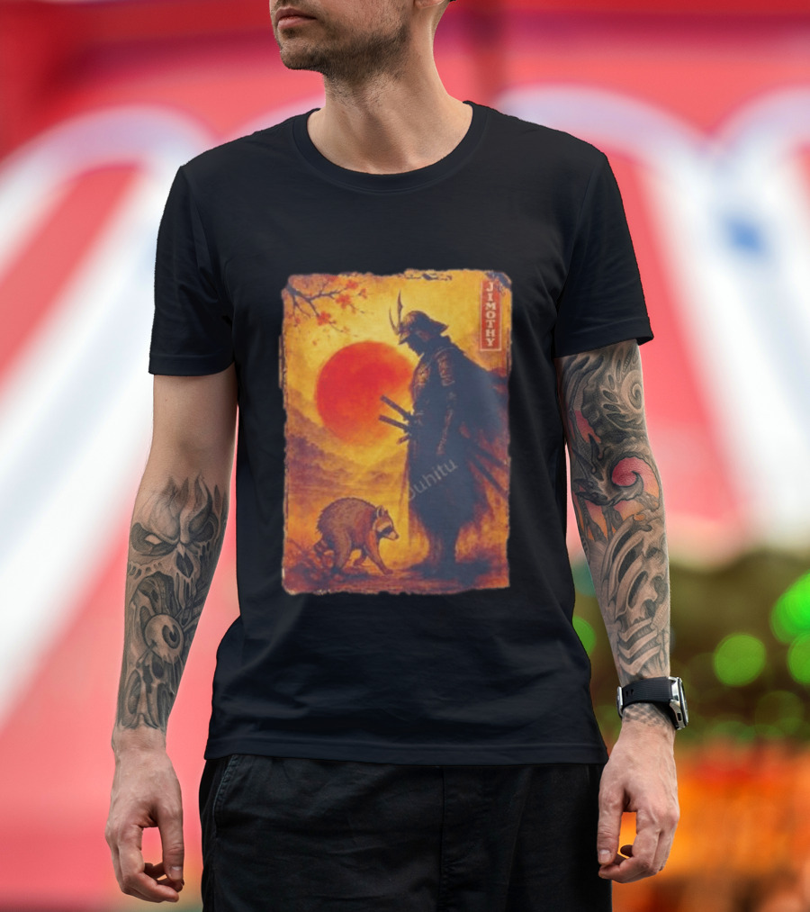 Jimothy Samurai Warrior And Raccoon Japanese Sunset T-Shirt