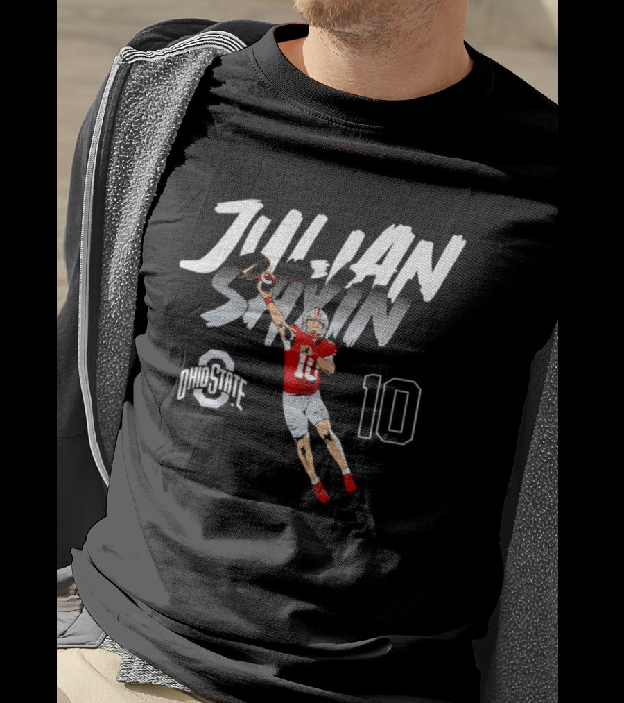Julian Sayin Ohio State Buckeyes Number 10 Football Player Action Pose T-Shirt