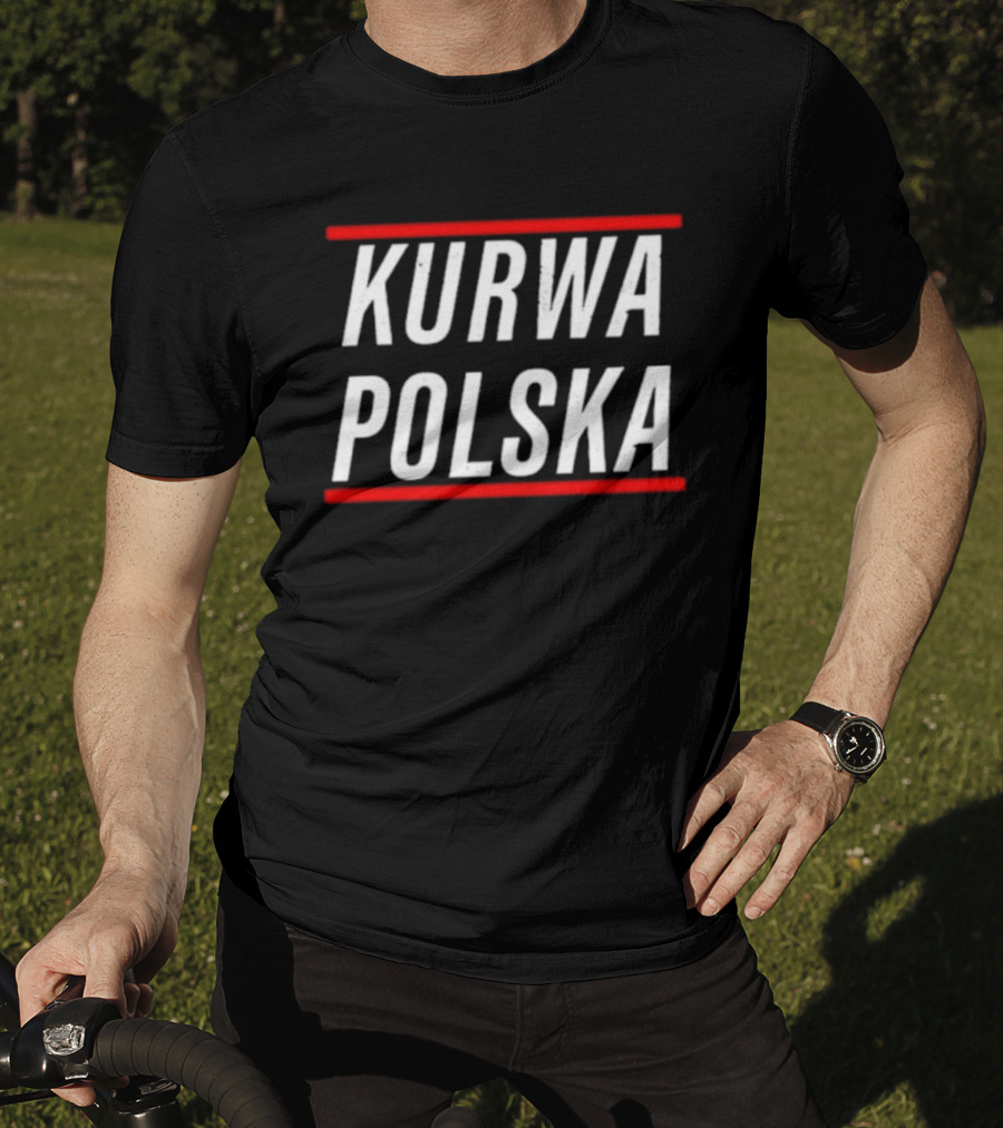 Kurwa Polska Bold White Text Design Red Lines T-Shirt