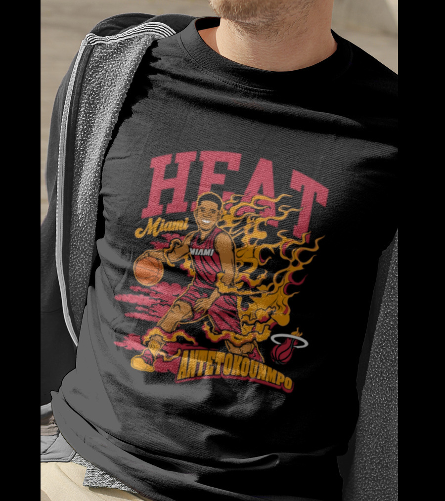 Miami Heat Giannis Antetokounmpo Basketball Caricature With Flames T-Shirt