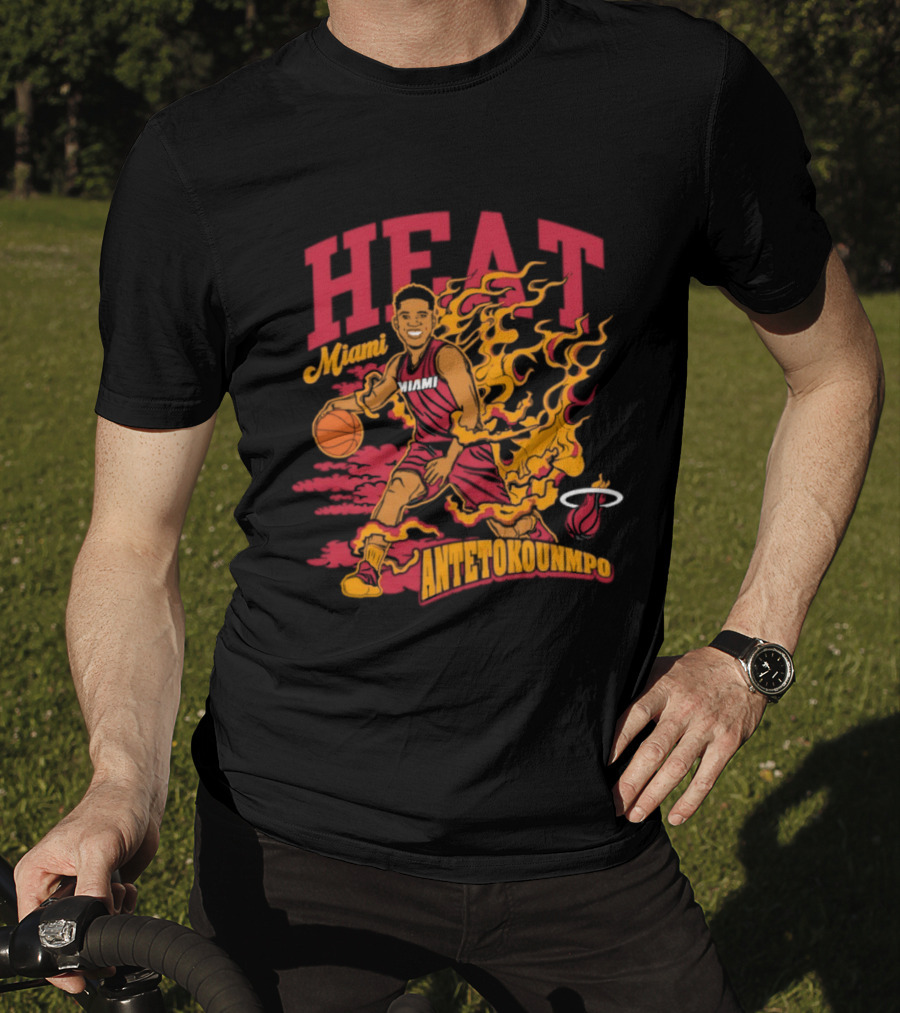 Miami Heat Giannis Antetokounmpo Basketball Caricature With Flames T-Shirt