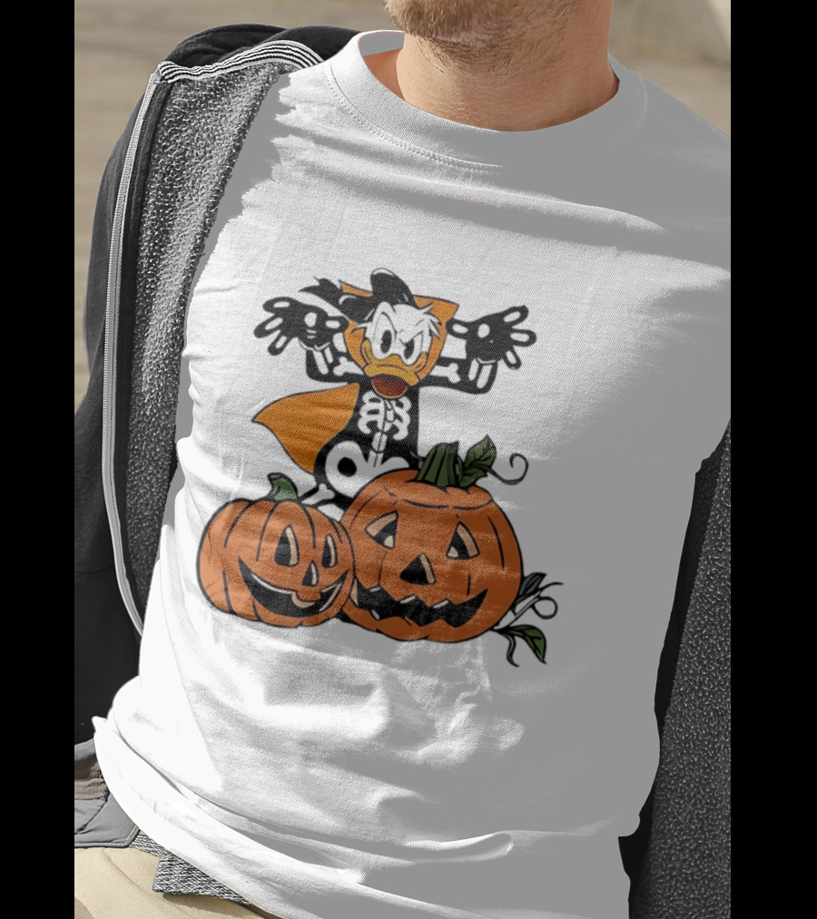 Donald Duck Skeleton Costume With Pumpkins Disney Halloween T-Shirt