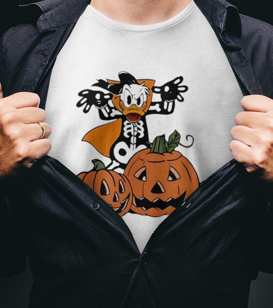 Donald Duck Skeleton Costume With Pumpkins Disney Halloween T-Shirt