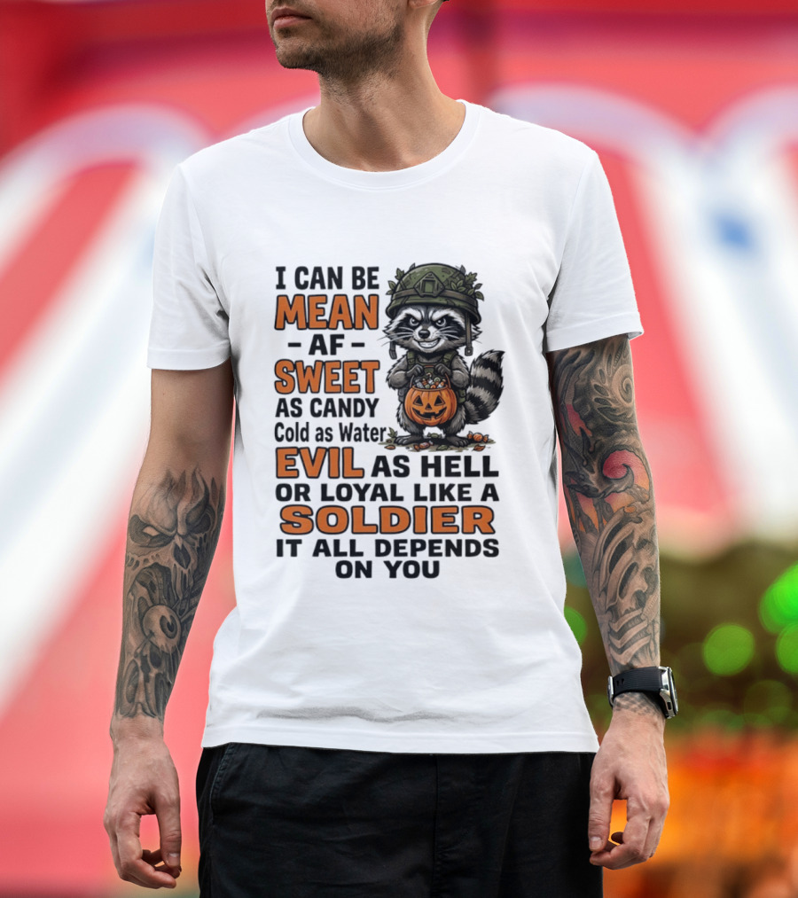 Raccoon I Can Be Mean AF Sweet As Candy Cold As Water Evil As Hell Or Loyal Like A Soldier It All Depends On You T-Shirt