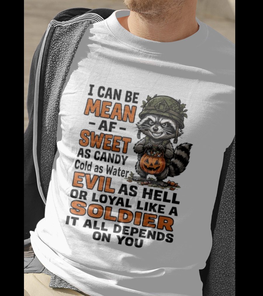 Raccoon I Can Be Mean AF Sweet As Candy Cold As Water Evil As Hell Or Loyal Like A Soldier It All Depends On You T-Shirt