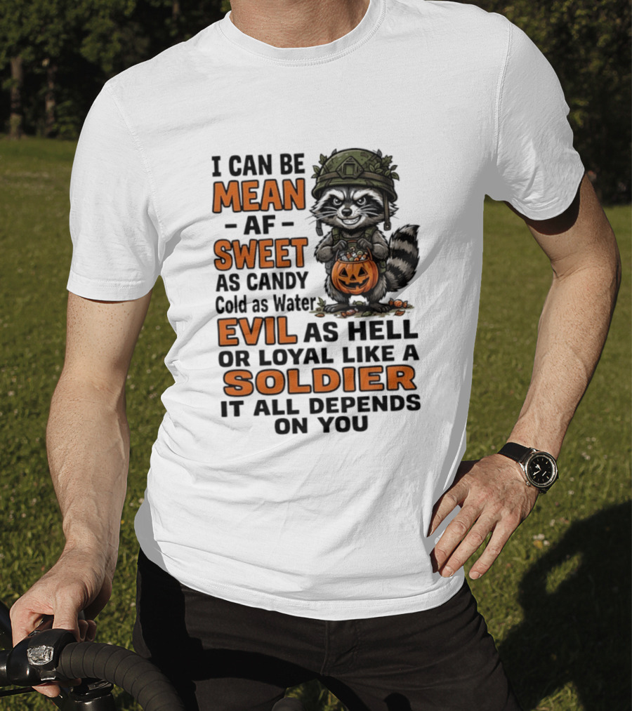 Raccoon I Can Be Mean AF Sweet As Candy Cold As Water Evil As Hell Or Loyal Like A Soldier It All Depends On You T-Shirt