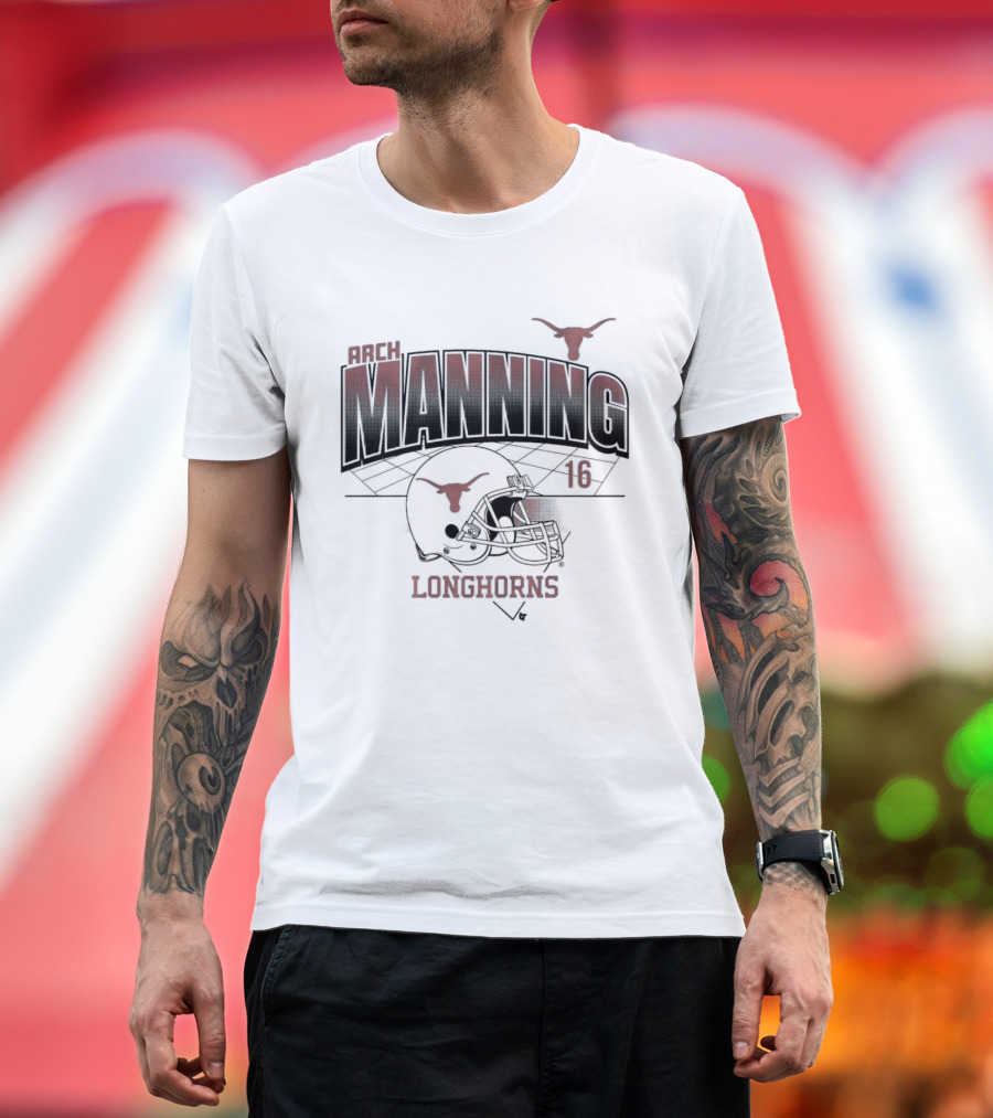 Texas Longhorns Arch Manning 16 Football Helmet Grid T-Shirt