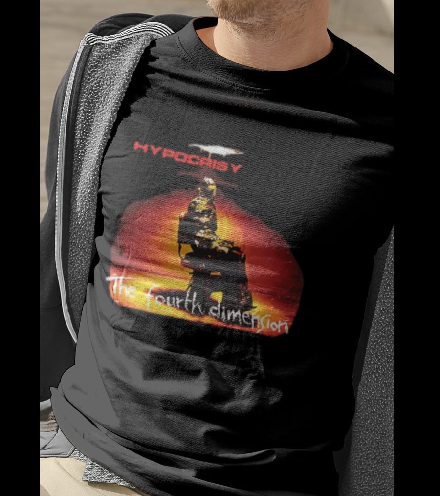 Hypocrisy The Fourth Dimension Red Text And Seated Figure T-Shirt