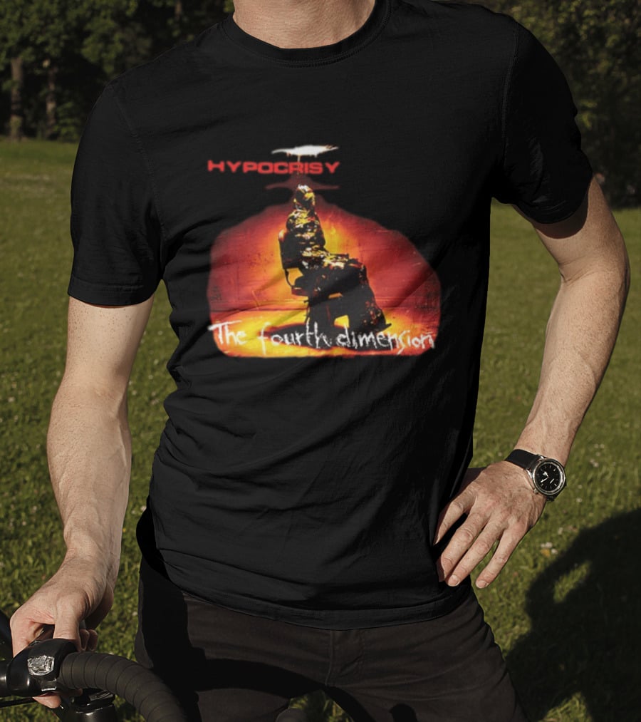 Hypocrisy The Fourth Dimension Red Text And Seated Figure T-Shirt