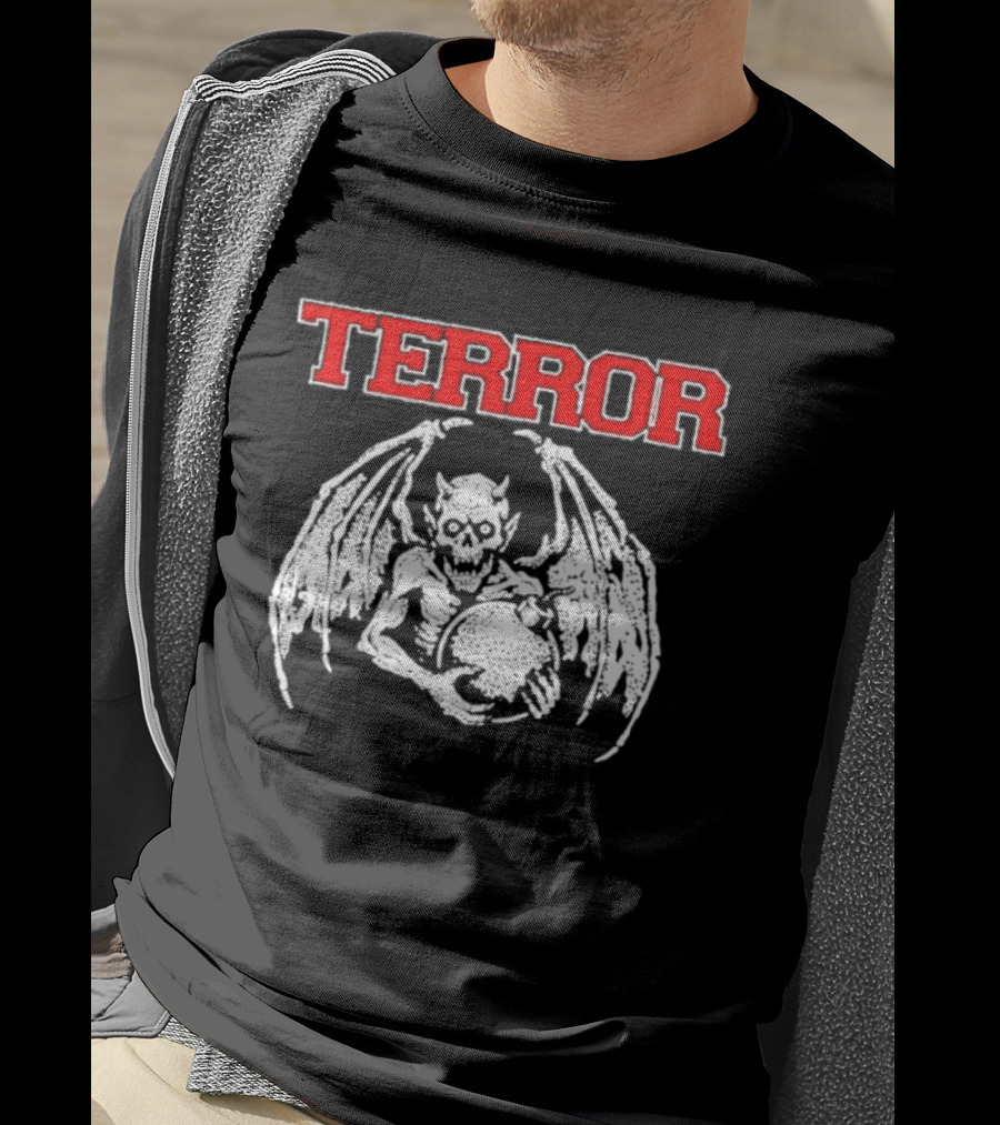 Terror Red Lettering Demon With Wings Holding Bomb T-Shirt