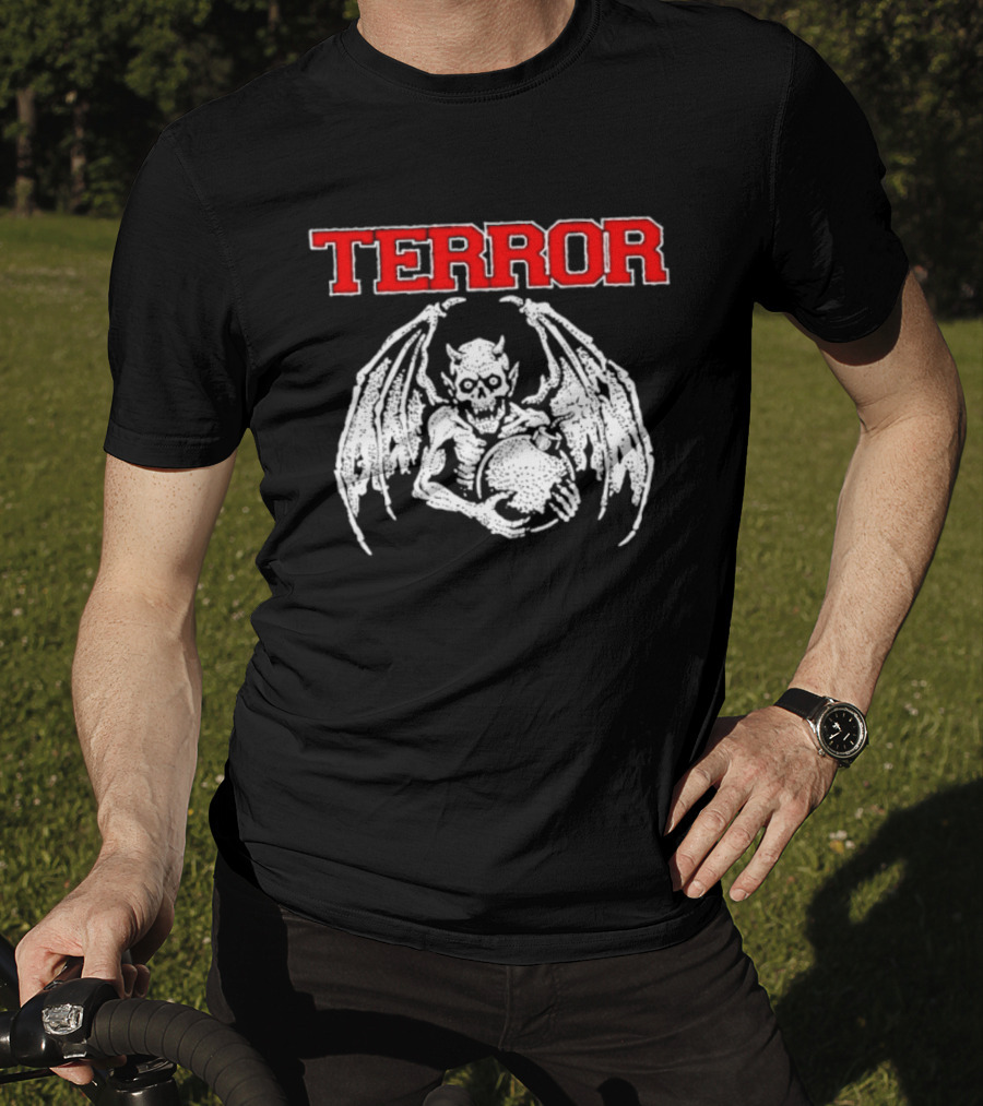 Terror Red Lettering Demon With Wings Holding Bomb T-Shirt
