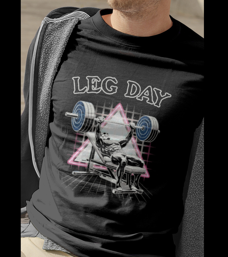 Leg Day Skeleton Weightlifting Gym Bodybuilding 80s Aesthetic Neon Triangle T-Shirt