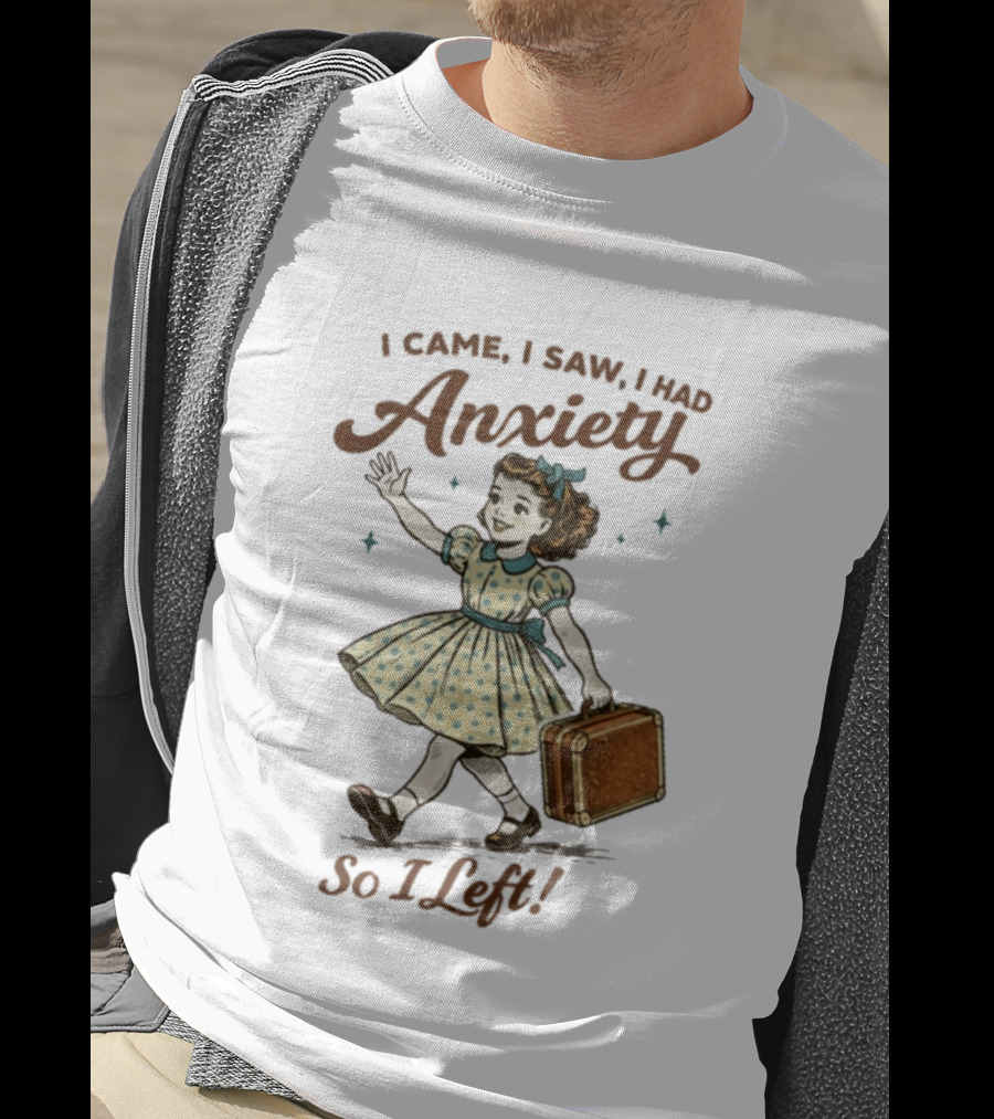 I Came I Saw I Had Anxiety So I Left Vintage Style Retro Girl Carrying Suitcase T-Shirt