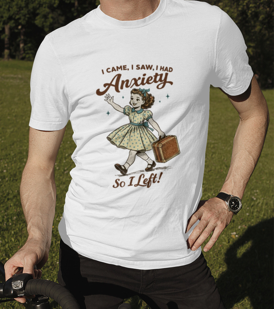 I Came I Saw I Had Anxiety So I Left Vintage Style Retro Girl Carrying Suitcase T-Shirt