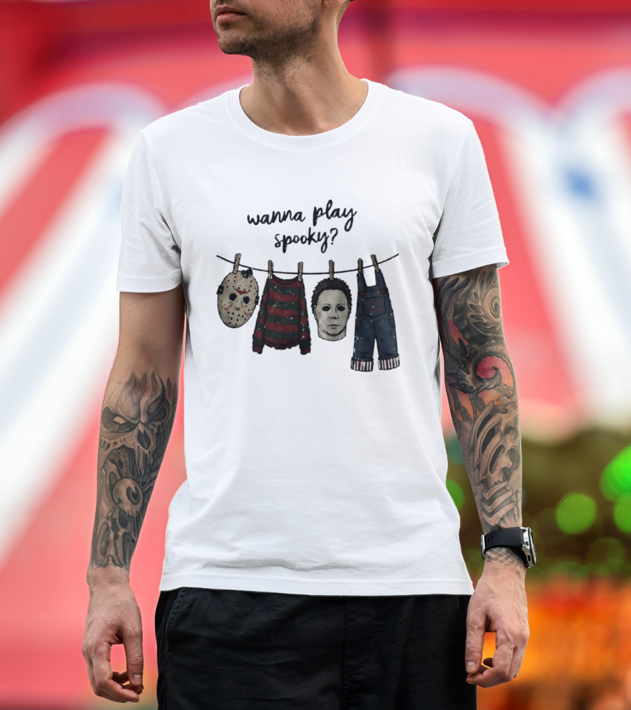 Wanna Play Spooky Halloween Horror Mask And Costume References T-Shirt