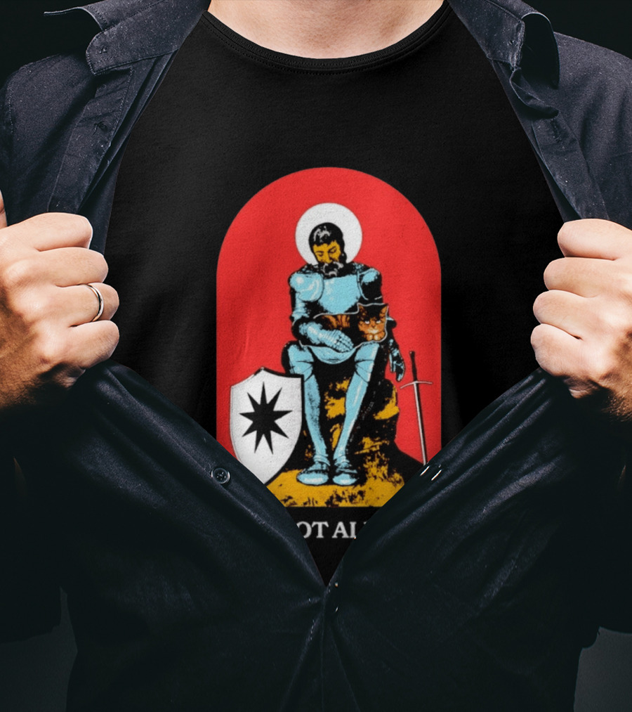 Knight With Armor And Cat Companion On Red T-Shirt
