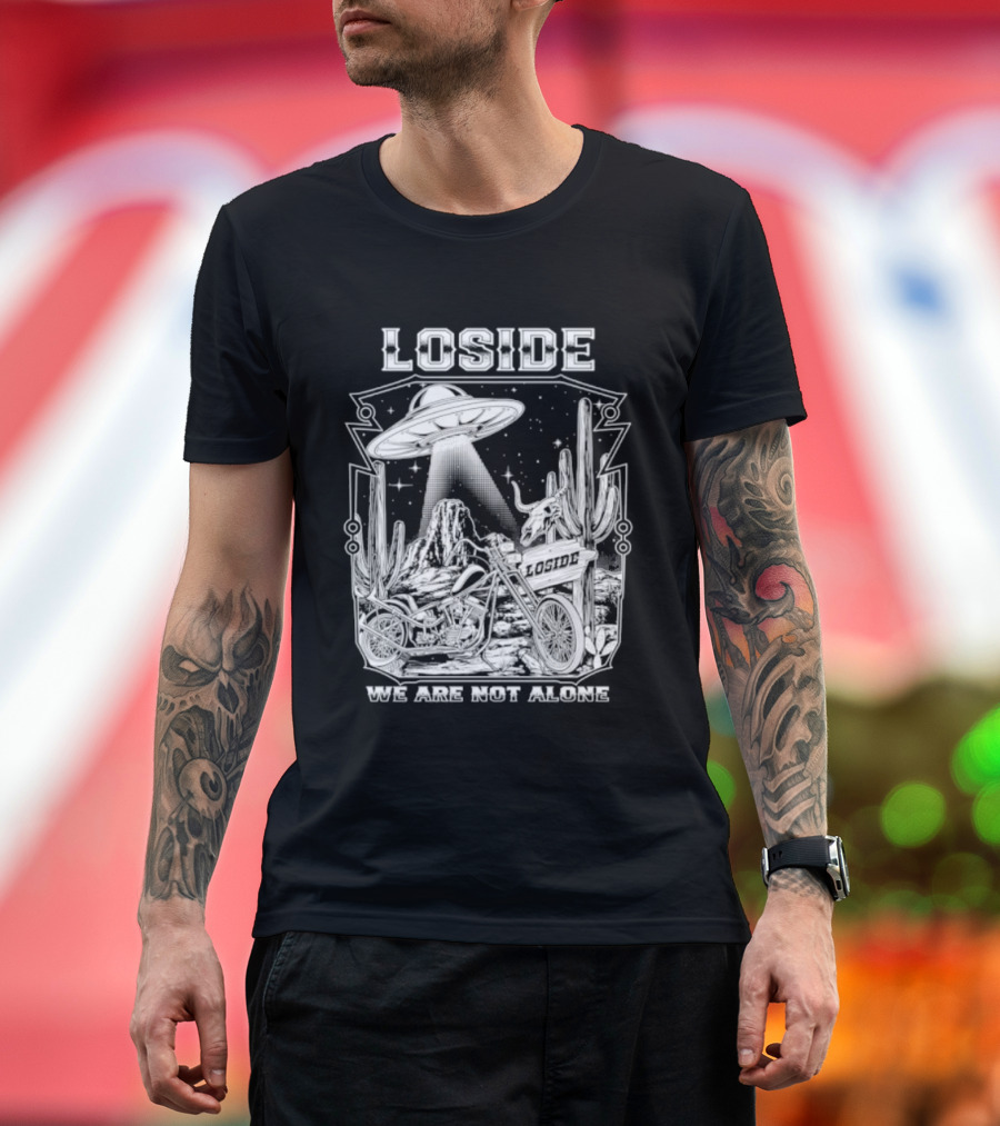 Loside We Are Not Alone UFO Motorcycle Desert Scene Cactus Stars T-Shirt
