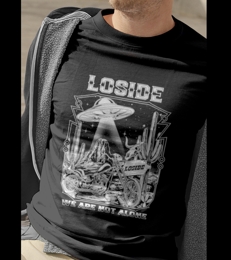 Loside We Are Not Alone UFO Motorcycle Desert Scene Cactus Stars T-Shirt