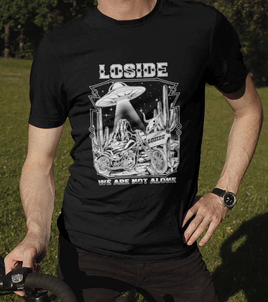 Loside We Are Not Alone UFO Motorcycle Desert Scene Cactus Stars T-Shirt