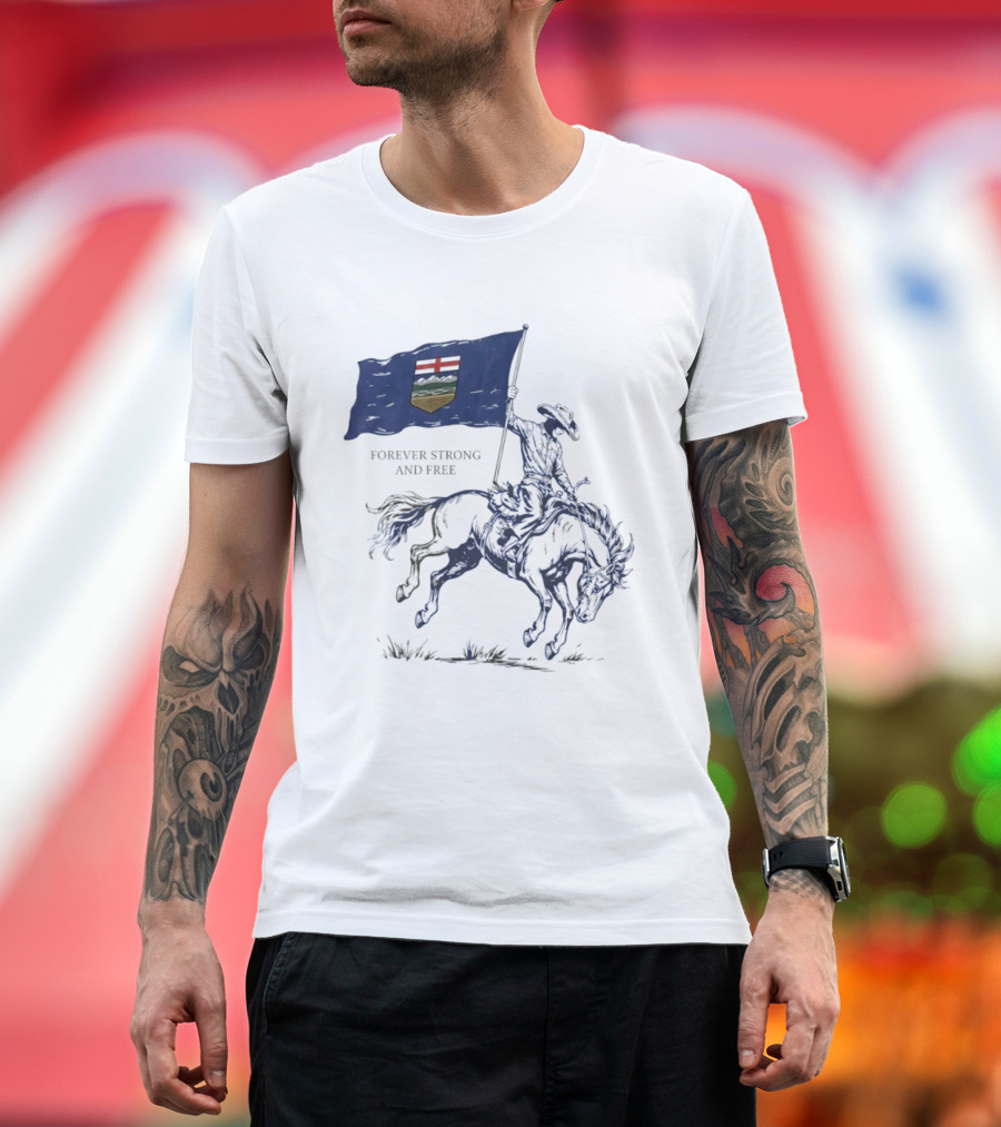 Alberta Flag Forever Strong And Free Bronco Rider Cowboy T-Shirt