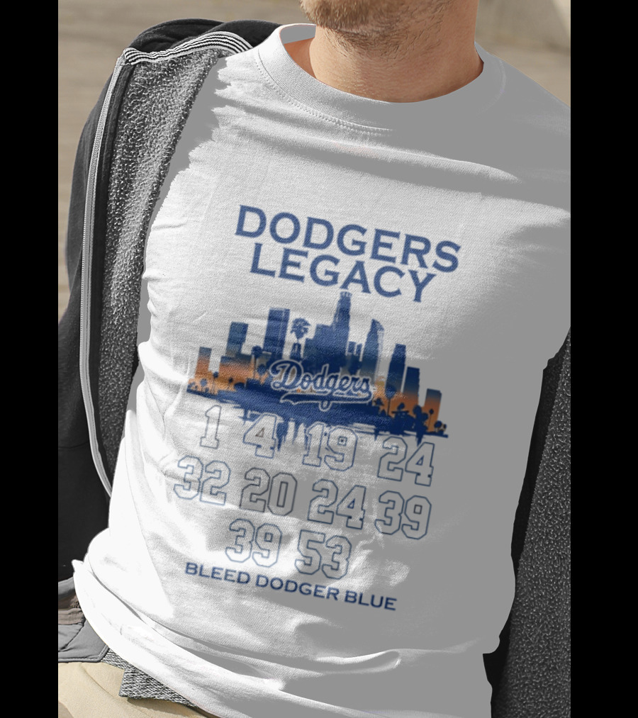 Dodgers Legacy 1 4 19 24 32 20 24 39 39 53 Bleed Dodger Blue Skyline Dodgers T-Shirt