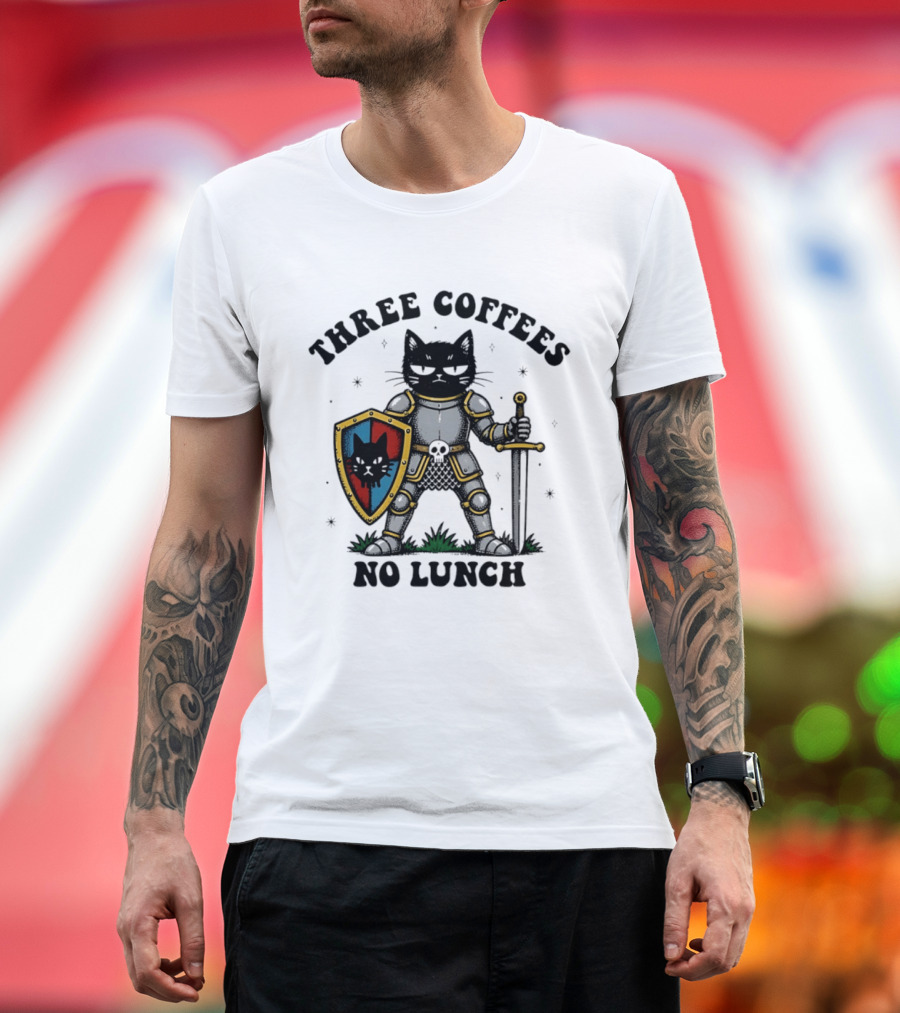 Three Coffees No Lunch Black Cat Armored Knight Shield T-Shirt
