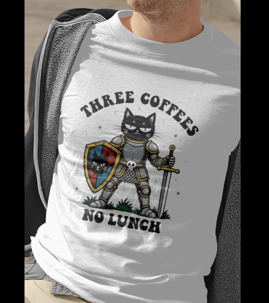Three Coffees No Lunch Black Cat Armored Knight Shield T-Shirt
