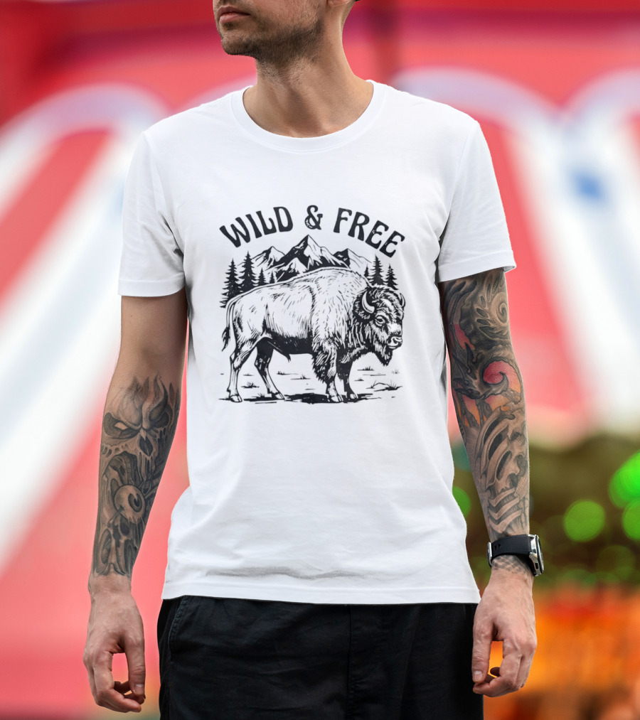 Wild And Free Bison With Mountain And Forest Scene T-Shirt