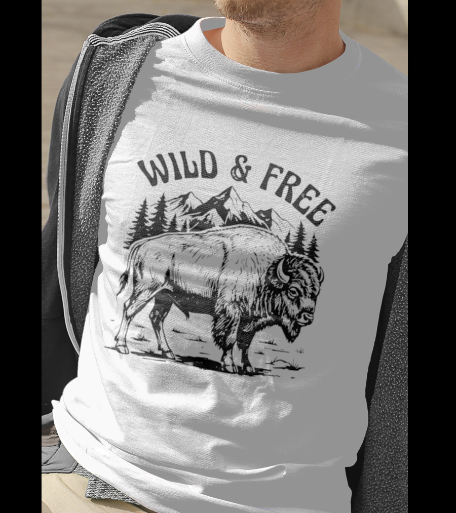 Wild And Free Bison With Mountain And Forest Scene T-Shirt