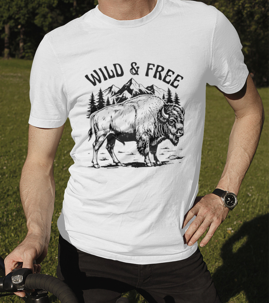 Wild And Free Bison With Mountain And Forest Scene T-Shirt