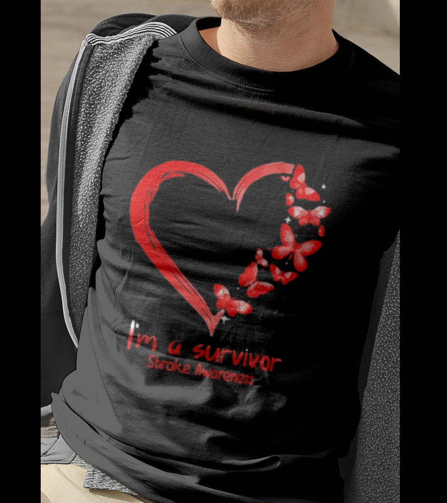 I'm A Survivor Stroke Awareness Heart And Red Butterflies T-Shirt
