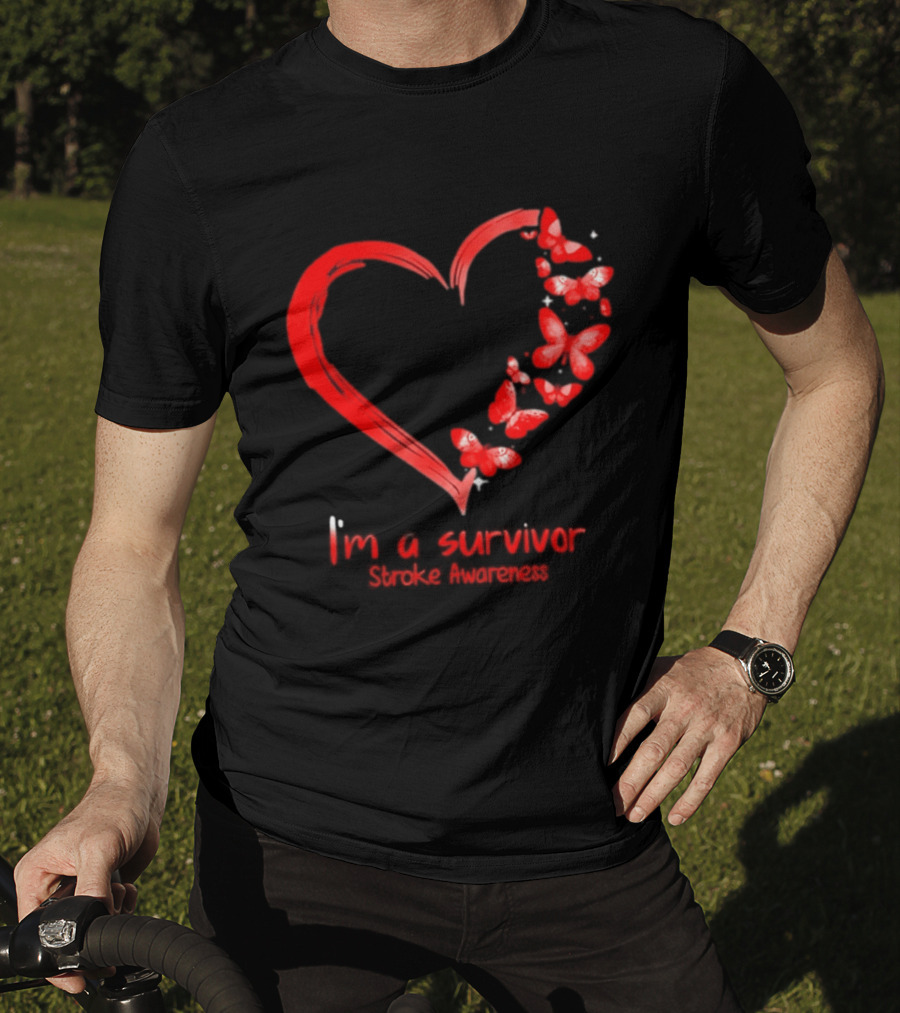 I'm A Survivor Stroke Awareness Heart And Red Butterflies T-Shirt