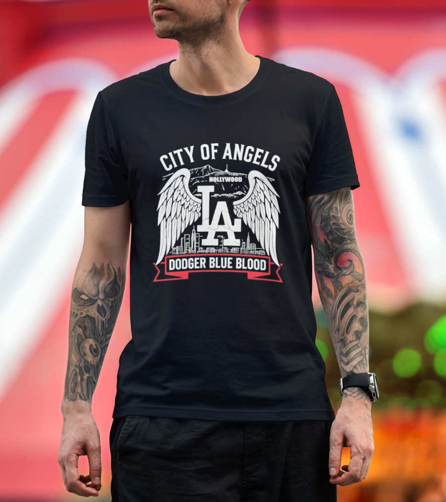 City Of Angels LA Hollywood Dodger Blue Blood Wings Skyline T-Shirt